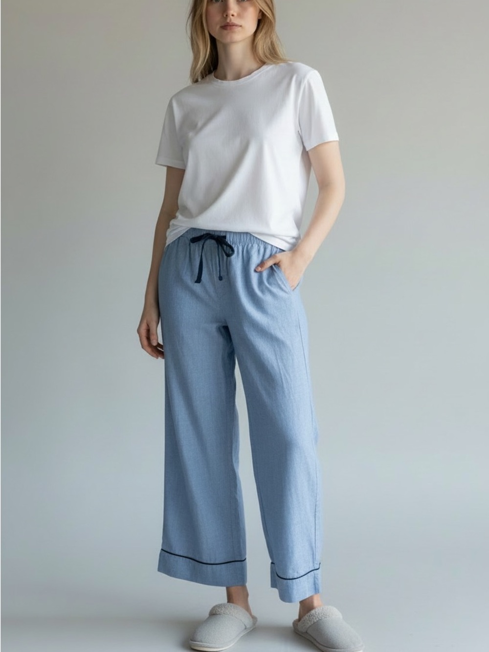 LAKE Cotton Poplin Piped Hem Pajama Pants Blue Size Small